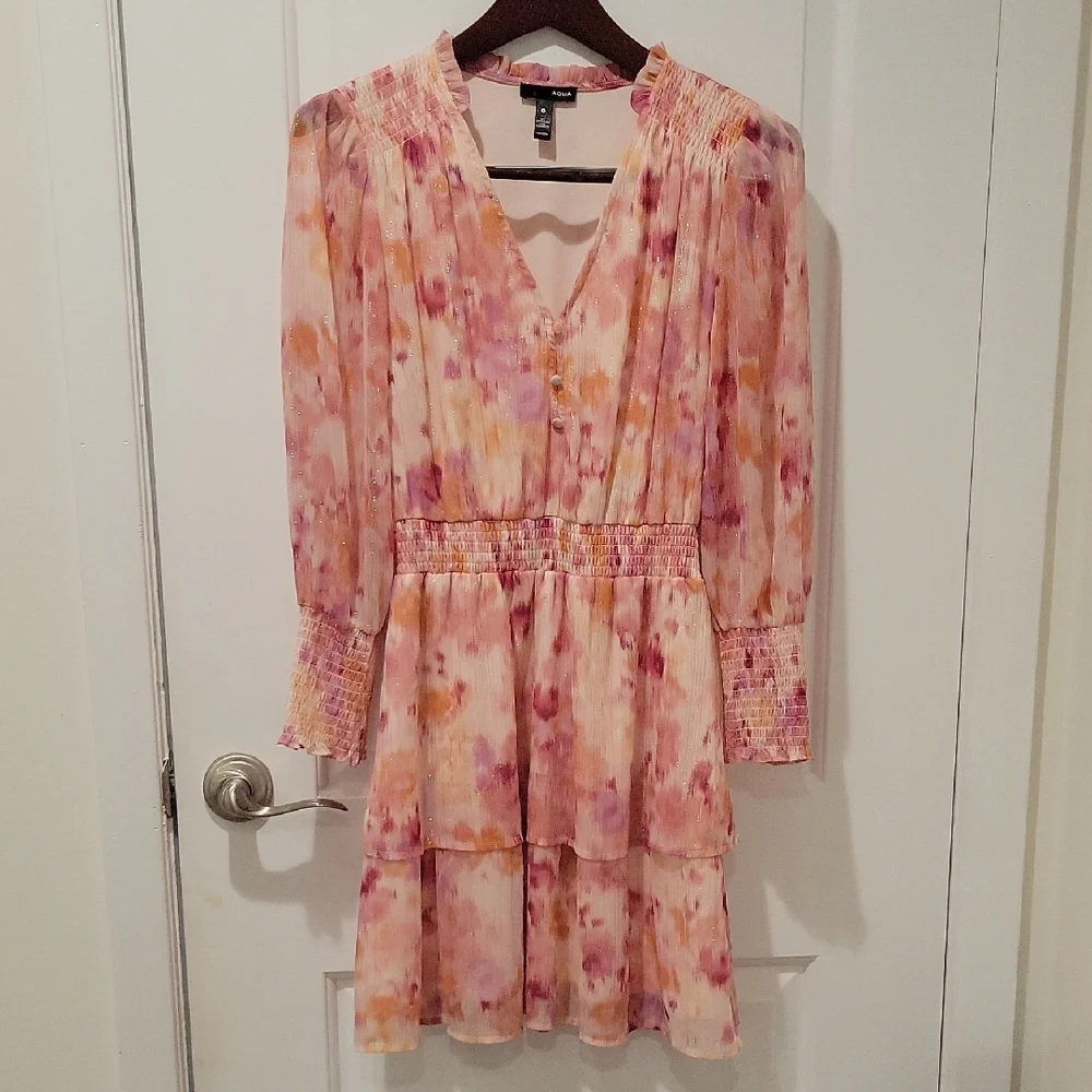 Aqua Pink and Orange Ruffled Tiered Long Sleeve Dress - Picture 2 of 10